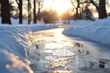 An icy sidewalk covered in fresh snow, with melting water pooling in the sunlight of a winter sunset, creating a peaceful scene.