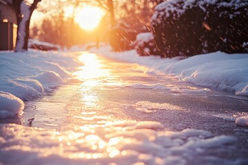 An icy sidewalk covered in fresh snow, with melting water pooling in the sunlight of a winter sunset, creating a peaceful scene.