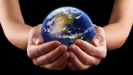 Hands gently holding the Earth, symbolizing care, sustainability, and global responsibility