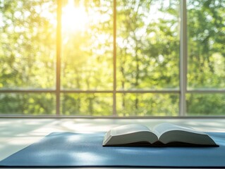 An open book resting on a blue yoga mat in a bright room with a serene view of trees outside, promoting mindfulness and relaxation.