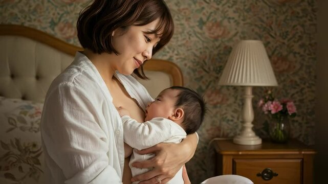 落ち着いた洋室で、赤ちゃんに授乳する母親