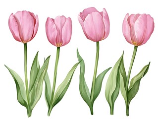 Naklejka premium Pink Tulips Watercolor Floral Set Spring Flowers Botanical Illustration
