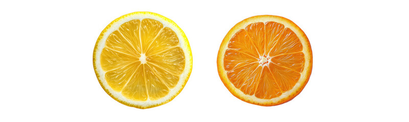 orange and lemon slices on white background.