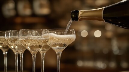 Champagne being poured into elegant glasses, with a warm, festive background creating a joyful atmosphere.