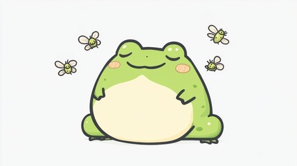 Obraz premium Serene green frog surrounded by flying insects on white background. Pixel art style illustration, cute and peaceful atmosphere.
