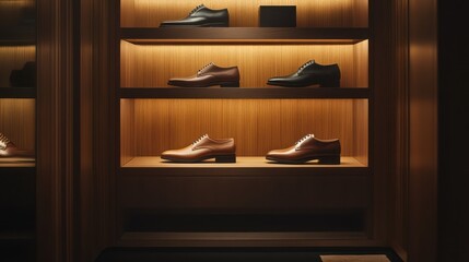 Classic dress shoes arranged on a wooden shelf, highlighted by warm lighting and a sophisticated retail ambiance.