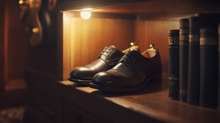 Classic dress shoes arranged on a wooden shelf, highlighted by warm lighting and a sophisticated retail ambiance.