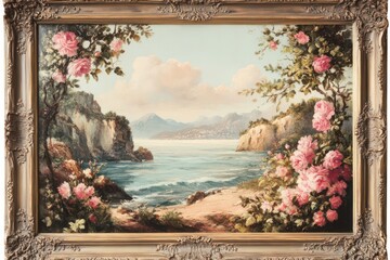 An ornate vintage frame with floral accents, displaying a scenic landscape, ideal for elegant wall d?(C)cor.