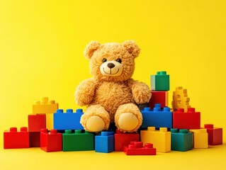 Colorful building blocks and a teddy bear arranged playfully against a bright yellow background, evoking fun and childhood memories.