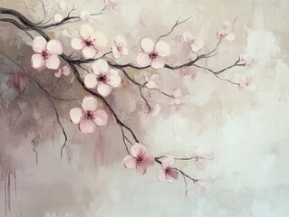 Delicate cherry blossom branches adorned with pink flowers, resting against a soft, natural background.