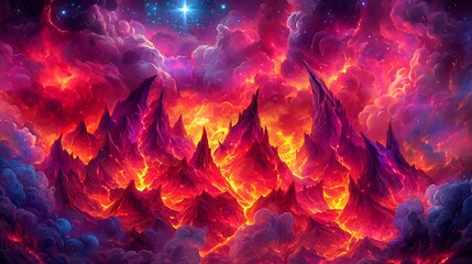 Vibrant mountain range and cloudy sky filled with fiery colors