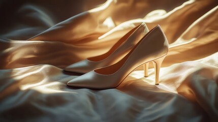 Elegant high-heeled shoes resting on a soft fabric, gently illuminated by warm sunlight, casting soft shadows
