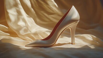 Elegant high-heeled shoes resting on a soft fabric, gently illuminated by warm sunlight, casting soft shadows