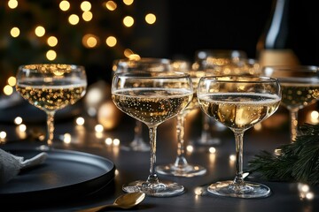 Glasses of sparkling champagne arranged elegantly, illuminated by warm festive lights, setting the tone for celebration.