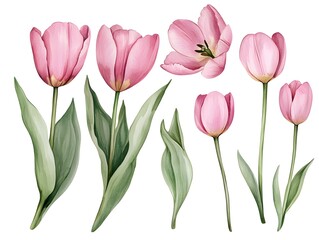 Obraz premium Pink Tulip Watercolor Botanical Illustration Set