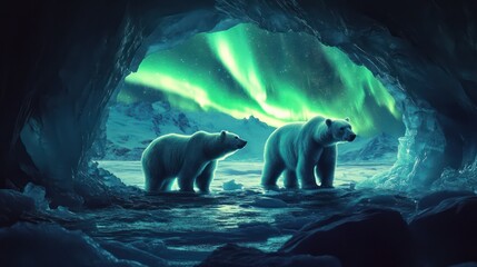 Polar bears gazing at the mesmerizing northern lights, their forms silhouetted in an icy cave