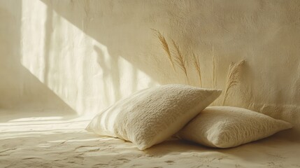 Soft cream pillows resting on a light textured surface, adding to the cozy ambiance of an indoor setting