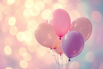 Softly colored balloons floating against a dreamy pastel background, creating a magical and romantic atmosphere.