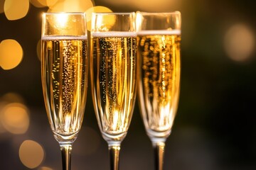 Three sparkling champagne flutes bathed in soft sunlight, with gentle reflections and glowing highlights
