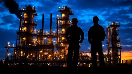 Two engineers silhouetted against a refinery at dusk.