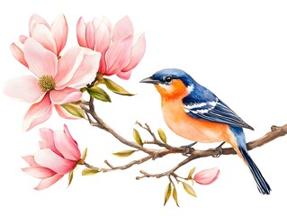 Watercolor Bird on Magnolia Branch  Spring Flowers  Nature Painting