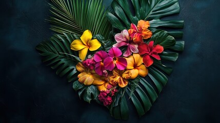Vibrant tropical flowers and palm leaves artistically arranged in the shape of a heart against a dark backdrop