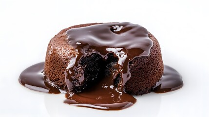 51. A chocolate lava cake with gooey melted chocolate inside on a white background