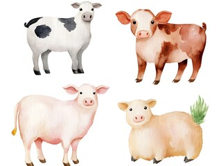 Obraz premium Adorable Watercolor Farm Animals Cow Piglets Illustration