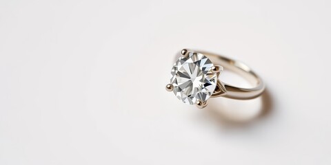 Close-up of a sparkling engagement ring on a plain background, shine, white