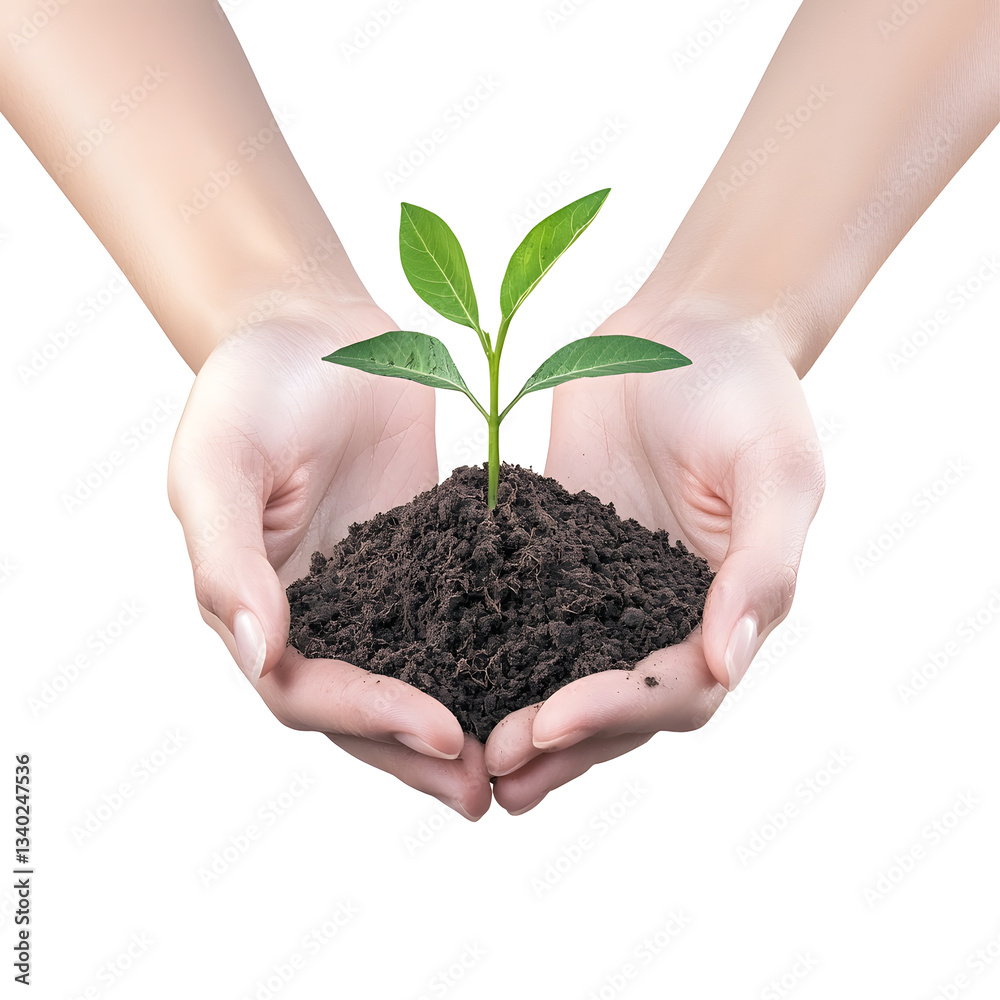 Poster hands gently cradling a young plant seedling emerging from nutrient rich soil symbolizing the nurtur