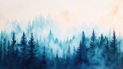 A serene forest landscape features tall blue trees shrouded in mist during early morning, creating a tranquil atmosphere for nature lovers