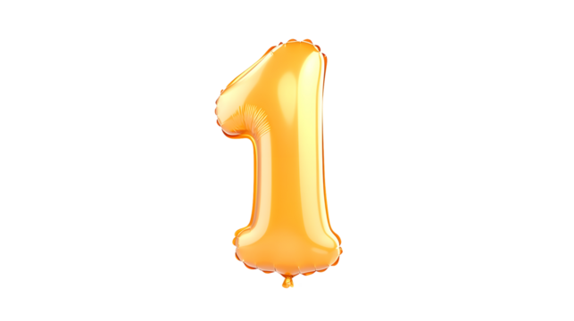 A golden metallic foil balloon shaped like the number 1 floating effortlessly with a smooth reflective surface that captures the light beautifully against a clean minimalist backdrop