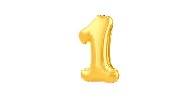 A and striking gold foil balloon in the shape of the number 1 floating against a dark background with dynamic lighting and reflections