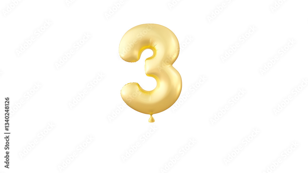 Leinwandbilder a shiny floating golden foil balloon in the shape of the number 3 with a reflective metallic surface