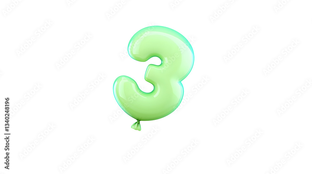 Poster a 3d rendering of a vibrant glossy green number 3 foil balloon with a smooth polished surface and hi