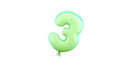 A 3D rendering of a vibrant glossy green number 3 foil balloon with a smooth polished surface and highlights appearing to float with a soft shadow effect against a transparent background