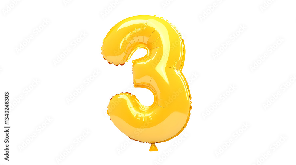 Aufkleber Shiny metallic gold foil balloon in the shape of the number 3 with a smooth reflective surface and a 3D effect against a clean minimalist background