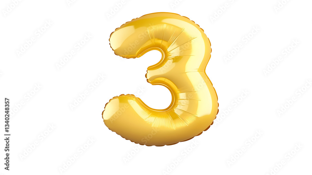 Poster A detailed three dimensional golden foil balloon in the shape of the number 3 floating against a clean white background with soft lighting and shadows