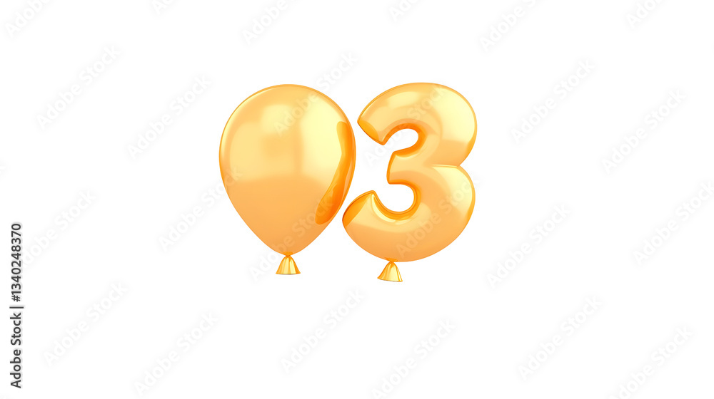 Aufkleber golden foil balloon forming the number 3 with a reflective metallic surface and soft highlights agai