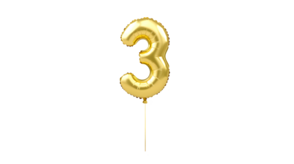 A shimmering gold foil balloon in the shape of the number 3 with a highly reflective metallic finish and smooth dimensional edges that create a striking luminous visual effect