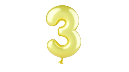 Detailed three dimensional golden foil balloon shaped as the number 3 floating in an isolated minimalist space with soft shadows and light reflections