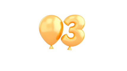 golden foil balloon forming the number 3 with a reflective metallic surface and soft highlights against a transparent background