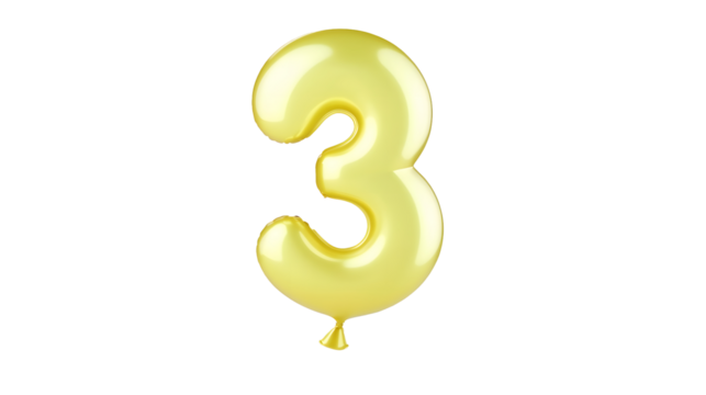 Detailed three dimensional golden foil balloon shaped as the number 3 floating in an isolated minimalist space with soft shadows and light reflections