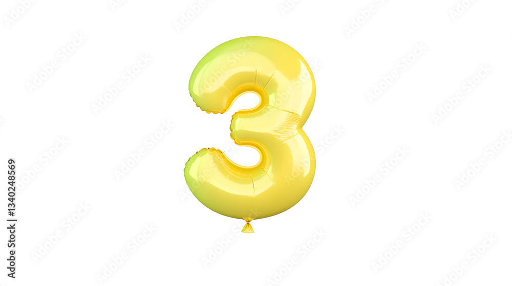 Poster A 3D rendering of a shiny reflective golden foil balloon in the shape of the number 3 floating against a clean white background