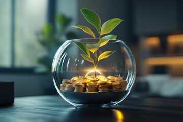 A futuristic financial concept, where a digital plant hologram grows from golden coins inside a sleek, transparent pot.