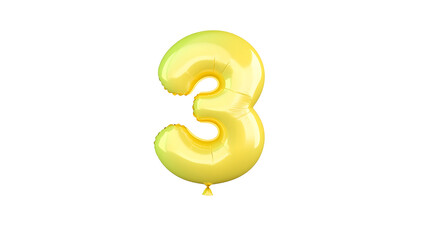 A 3D rendering of a shiny reflective golden foil balloon in the shape of the number 3 floating against a clean white background