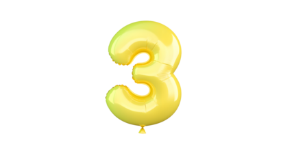 A 3D rendering of a shiny reflective golden foil balloon in the shape of the number 3 floating against a clean white background