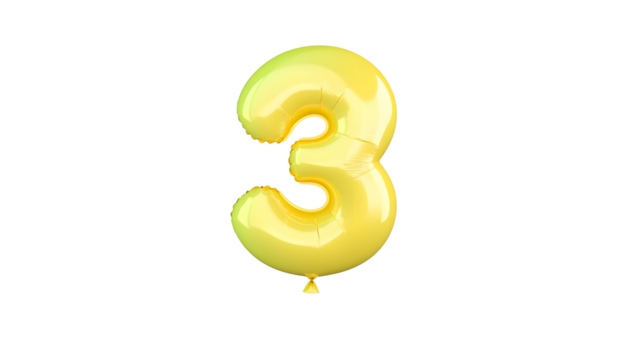 A 3D rendering of a shiny reflective golden foil balloon in the shape of the number 3 floating against a clean white background