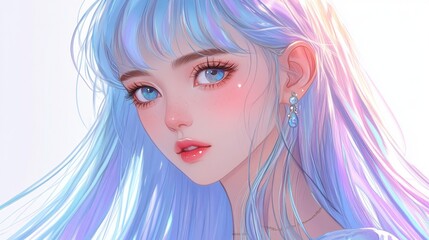 Fototapeta premium Close up portrait of a young woman with long, light blue hair and sparkling earrings. Soft lighting and pastel colors create a dreamy atmosphere.