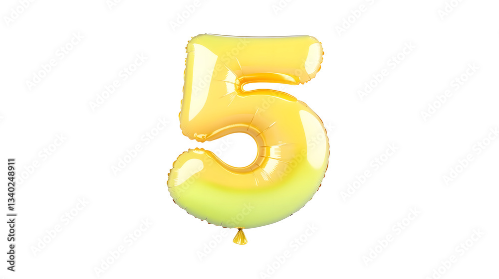 Poster A floating highly reflective metallic gold foil balloon in the shape of the number 5 with a smooth 3D effect and soft lighting against a clean white background